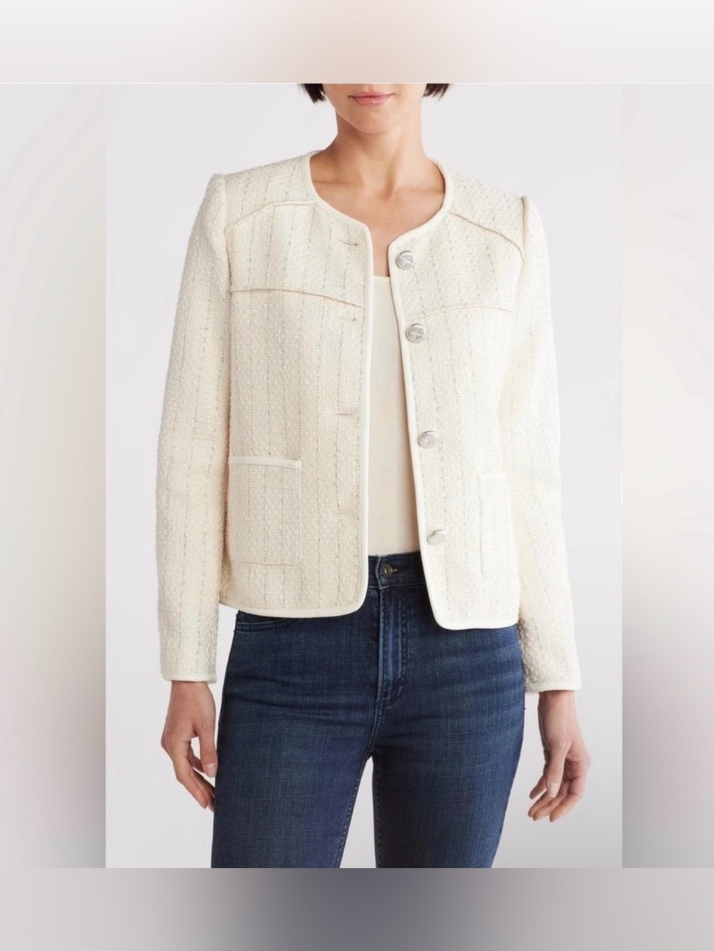 NWT RAG & BONE MIRA TWEED COLLARLESS CREAM/SILVER METALLIC JACKET SIZE XS